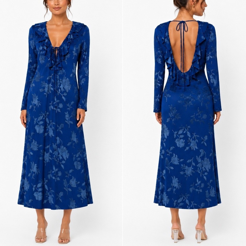Hello Molly Friends To Lovers Long Sleeve Maxi Dress L Blue Floral Velvet Ruffle